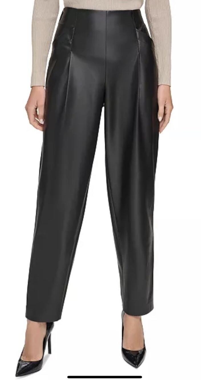 DKNY Black Faux Leather High Rise Taper Leg Women's Pants Size M Wide Leg Zip